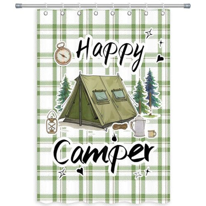 Happy Camper RV Shower Curtain Rustic Pine Tree Adventure Tent Camping Waterproof Fabric Bathroom Curtains Travel Trailer Bathroom Accessories Set with Hooks 47 x 64 Inches - color: Sage, size: 47"W x 64"L (Pack of 1)