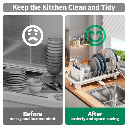 SanDream Small Dish Drying Rack with Removable Utensil Holder & Anti-Scratch Base - Stainless Steel Dish Rack, Dish Drying Rack with Drainage & Space Saving Design for Kitchen Counter, White - color: White