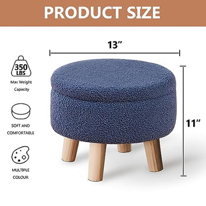Wimarsbon Storage Ottoman, Modern Round Footrest with Soft Padded Seat, Teddy Velvet Footstool with Wood Legs, Accent Small Table or Plant Stand for Hallway, Living Room (Grey-Blue) - color: Dark Grey Blue