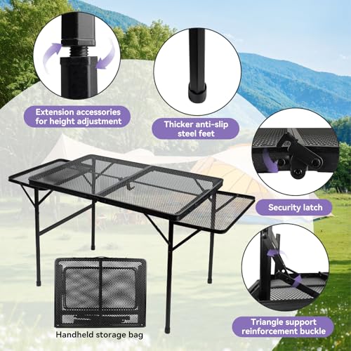 BRIAN & DANY 3x2 FT Camping Table with 2 Wing Panels, Folding Grill Table, Metal Portable Picnic Table, Lightweight Height Adjustable Foldable Table for Outdoor, Black - size: 4.4x2FT
