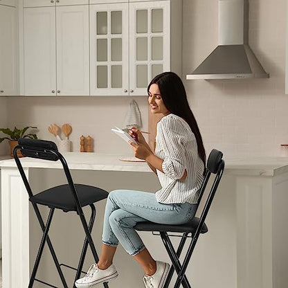 Thyle 2 Pcs Folding Bar Stool with Backrest, Tall Foldable Stool Chair Portable High Folding Bar Chair Counter Height Seat Leather Padded for Kitchen Island Shop Cafe Dining Room Black (29.5 Inch) - size: 29.5 Inch