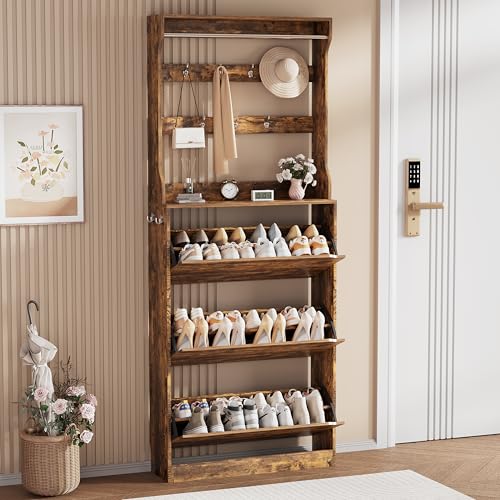 Shoe Storage Cabinet, Wood Shoe Organizer for Entryway with 3 Flip Drawers, Freestanding Shoe Rack with Adjustable Shelf, Narrow Shoe Dresser for Front Door Entrance (Brown, Tall 3 Drawers) - color: Brown, size: Tall 3 Drawers