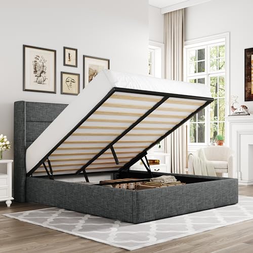 Allewie Full Size Lift Up Storage Bed, Modern Wingback Headboard, Hydraulic Support, No Box Spring Needed, Dark Grey - color: Dark Grey, size: Full, style: Modern