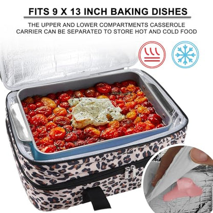 esouler Double Insulated Casserole Carrier Bag Hot & Cold Food Carrier Bag Lasagna Holder Lunch Bag for Picnics, Parties, Travel, Fits 9 x 13 Inches Casserole Dish-Leopard - color: Leopard, size: 16x10x7.2 in