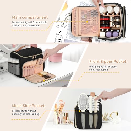 CUBETASTIC Travel Makeup Bag, Large Makeup Case Organizer, Cosmetic Storage | Multi-Pockets, Separate Makeup Brush Compartment, Premiun Metal Two Way Zipper, Portable Handle, Breathable Mesh - color: Black