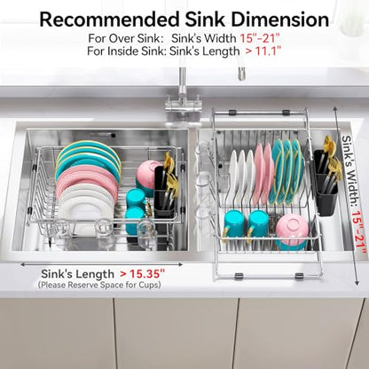 Urackify Dish Drying Rack in Sink, Stainless Steel Expandable Over the Sink Dish Rack with Utensil Holder & Cup Holder, Kitchen Drying Rack for Inside Sink, 15.35" x 11.02" x 4.84", Silver - color: Silver, size: Expandable - 15.35"~23.23“ x 11.02" x 4.84"
