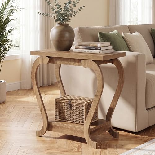 Tribesigns Narrow End Table with Storage, 2-Tier Wooden Side Table for Small Spaces, Slim Nightstand Bedside Table for Living Room & Bedroom, Rustic Brown, 23.6 Inch (1, Brown) - color: Brown