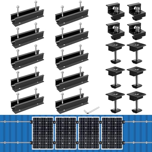 Anbte Solar Panel Mounting Brackets, Included 10 x 4.72 in Rails + 4 end Clamps + 6 Center Clamps + 1 Wrench, Aluminum Solar Mounting Kit for 4 Panels, Waterproof, for Roof, RV, Boat, Black - color: Black, size: 4.72" Rails + 1.38"& 1.18" clamps
