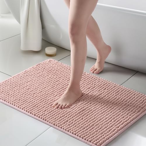 FRESHMINT Thick Chunky Chenille Bathroom Rugs 24"x36", Non Slip Bath Mat for Bathroom Floor, Large Soft Bathroom Decor Accessories, Cute Shower Mat Water Absorbent, Washable, Dusty Pink - color: Dusty Pink, size: 36" x 24"