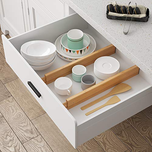 BAMEOS Bamboo Expandable Drawer Dividers – Fits 16.6"–22" Drawers, 2" High, Set of 4 | Spring-Loaded Bamboo Separator for Kitchen Island, Bathroom Vanity & Dresser Drawers - size: 2''H, 16.65''-22''L