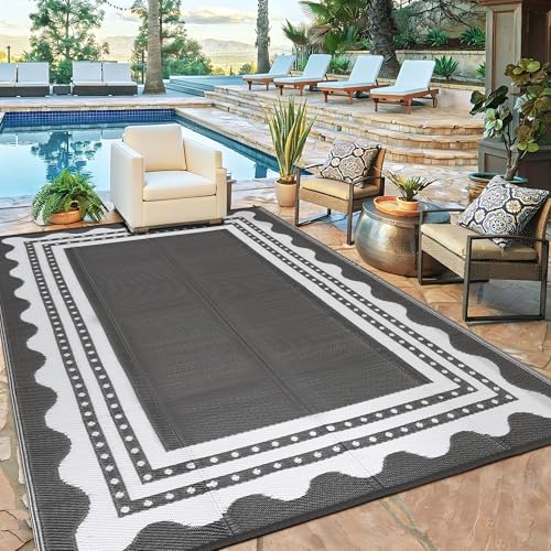 GarveeHome 9'x12'Waterproof Outdoor Rug,Outdoor Plastic Reversible Rug for Camping,RV Mat Outside,Indoor Outdoor Carpet for Porch,Deck, Backyard,Balcony, Picnic,Gray-White - color: Grey & White, size: 9' x 12' (Rectangular)