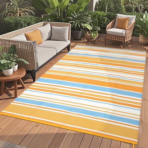 GAOMON 9x12 Large Outdoor Rug Waterproof for Patio Plastic Straw Rug Geometric Stripe Indoor Outdoor Area Rug Modern Lines Camping Rugs for RV Porch Deck Trailer Beach, Orange Yellow Blue White - color: Geometric Stripes| Orange Yellow Blue White, size: 9
