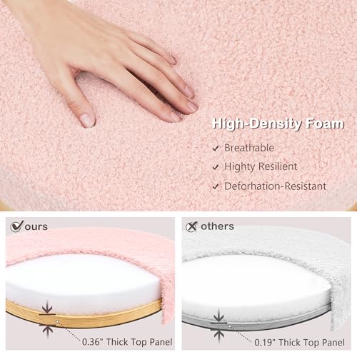 Round Ottoman with Storage, Foldable Vanity Stool with Soft Padded, Boucle Foot Stool for Dorm Room, Living Room and Bedroom, Pink