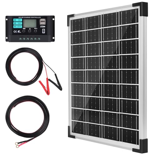 TBER Solar Panel Kit 20W 12V, Solar Battery Charger with 10A Charge Controller and Extension Cables with Battery Clips O-Ring Terminal for Car Motorcycle RV Marine Boat Camper Other Off Grid System - size: 20W