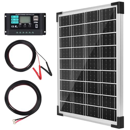 TBER Solar Panel Kit 20W 12V, Solar Battery Charger with 10A Charge Controller and Extension Cables with Battery Clips O-Ring Terminal for Car Motorcycle RV Marine Boat Camper Other Off Grid System - size: 20W