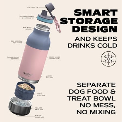Asobu Buddy Bottle a Stainless Steel Insulated Water Bottle for with Removable Dog Water Bowl and Dog Food and Treat Storage Bowl (Pastel Pink, 34 Oz) - color: Pastel Pink