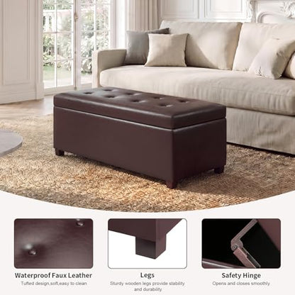 Asense Storage Ottoman Bench,Faux Leather Upholstered Ottoman with Storage,End of Bed Bench with Safety Hinge Wooden Legs,for Entryway,Bedroom,Living Room - color: 37" Dark Chocolate Faux Leather