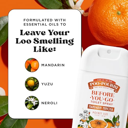Poo-Pourri Before-You-Go Pocket Toilet Spray, Travel Essentials, Mandarin Mimosa, 1 Fl Oz, Up to 50 Uses, On-The-Go Bathroom Odor Deodorizer with Essential Oils, TSA Approved Size - size: 1 Ounce (Pack of 1), style: Mandarin Mimosa