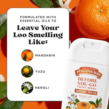 Poo-Pourri Before-You-Go Pocket Toilet Spray, Travel Essentials, Mandarin Mimosa, 1 Fl Oz, Up to 50 Uses, On-The-Go Bathroom Odor Deodorizer with Essential Oils, TSA Approved Size - size: 1 Ounce (Pack of 1), style: Mandarin Mimosa