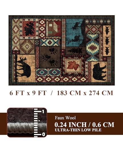 YIHOUSE Rustic Cabin Area Rug 6x9,Machine Washable Lodge Bear Rug,Non-Slip Low Pile Print Pattern Southwestern Rug for Living Room Bedroom - color: Brown, size: 6' x 9' (Rectangular)