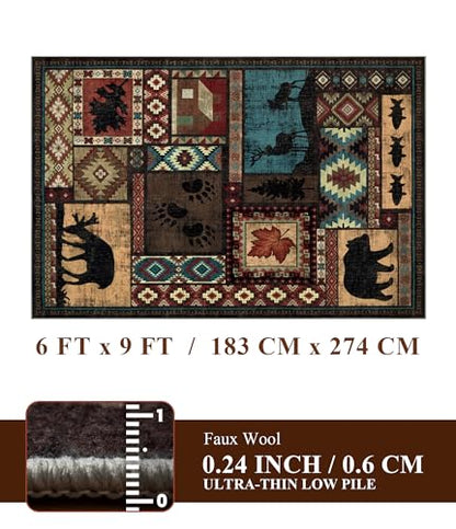 YIHOUSE Rustic Cabin Area Rug 6x9,Machine Washable Lodge Bear Rug,Non-Slip Low Pile Print Pattern Southwestern Rug for Living Room Bedroom - color: Brown, size: 6' x 9' (Rectangular)
