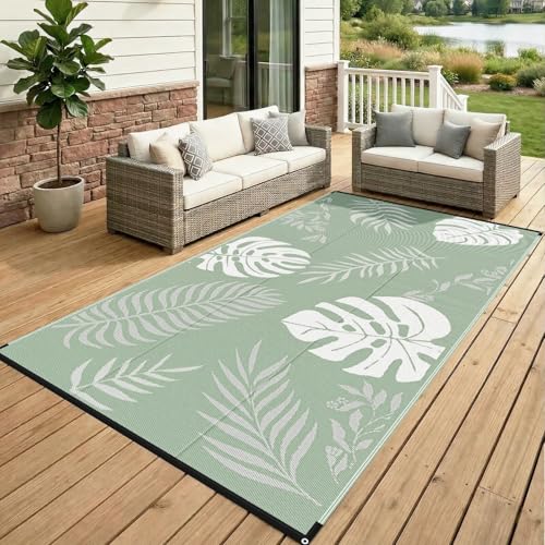 GOTGELIF Massive Outdoor Patio Rug - 9x18FT, Reversible & Water-Resistant & Wear-Resistant & Plastic Straw Outdoor Area Rug for Patio & Camping & RV - Green Leaf - color: Green Leaf, size: 9' x 18' (Rectangular)