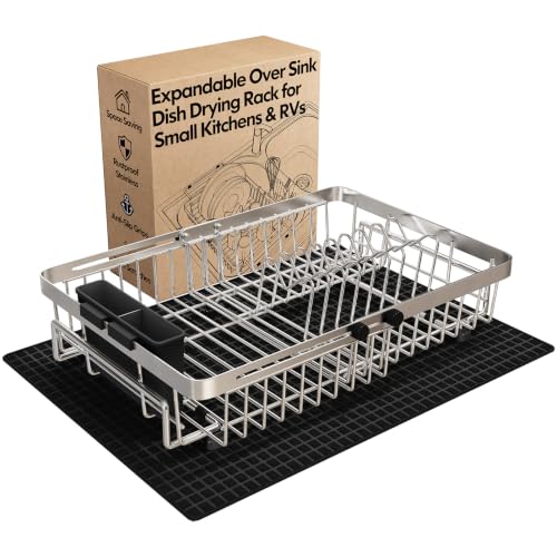 MAJALiS Dish Drying Rack Over The Sink with Utensil Holder, Mat | Expandable Stainless Steel Dish Drainer for Small Kitchen, Apartment, RV, Counter Space Saving, Perfect Fit, Rustproof - color: Silver, size: For 13"-30" W Sink with Mat