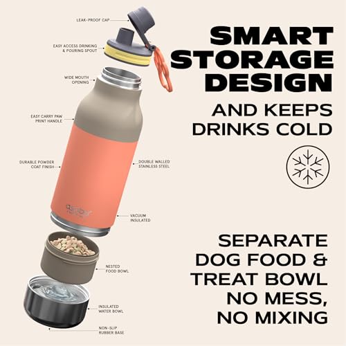 asobu Buddy Bottle a Stainless Steel Insulated Water Bottle for with Removable Dog Water Bowl and Dog Food and Treat Storage Bowl (Pastel Peach, 34 Oz) - color: Pastel Peach