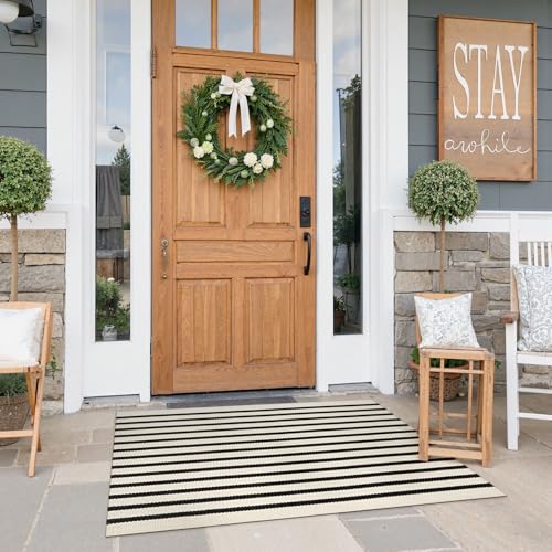 Collive Door Mat Black and White Striped Rug 27.5" x 43.3", Farmhouse Front Porch Rug Reversible Washable Front Door Mats, Hand Woven Welcome Layered Doormat Carpet for Entryway Entrance - color: Black Strips, size: 2'4" x 3'7" (Rectangular)