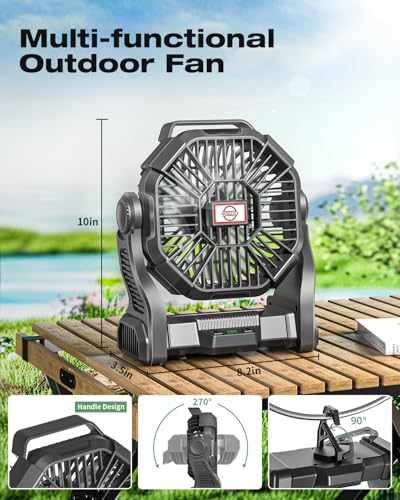 AEscod Portable Camping Fan, Rechargeable Battery Operated with LED Lights, Hanging Hook, 270°Rotation, 20000mAh Battery Powered Fan for Beach, Office, Picnic, Fishing, Travel, Tent