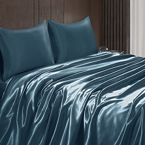 Homiest 3pcs Satin Sheets Set Luxury Silky Satin Bedding Set with Deep Pocket, 1 Fitted Sheet + 1 Flat Sheet + 1 Pillowcase (Twin XL Size, Deep Sea Blue) - color: Deep Sea Blue, size: Deep pocket - Twin XL size