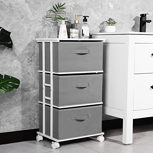 MAX Houser Dresser Tower with 3 Drawers,Fabric Dresser Drawer Organizer Unit,Dresser Chest with Wood Top,Vertical Storage Dresser,Small Dresser for Bedroom,Office-Dark Grey | Fabric Storage Organizer Unit, Chest of Drawers with with WoodTop, Small Vertica