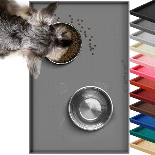 VIVAGLORY Pet Food Mat Grippymat Dog Bowl Mat, 24" L x 16" W, Grey | Placemat with Raised Edge for Indoor, Waterproof Silicone for Cat Kitty & Puppy - color: Grey, size: 24"L x 16"W