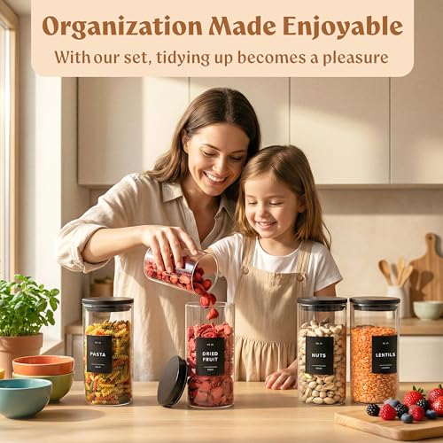 EDELHAUS Glass Storage Containers with Black Lids [4x40oz] Extra Thick Glas with 54 Labels - Canister For Pantry Noodles Flour Cereal Rice Sugar Tea Coffee Beans - Round Set - color: 4x40oz - Black Lids