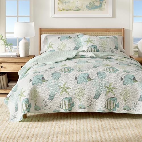 Great Bay Home Coastal Quilt Set - 3-Piece King/California King Size Nautical Bedding Set - Lightweight, All-Season, Reversible Bedspread (Fish & Coral) - color: Fish & Coral, size: King / California King