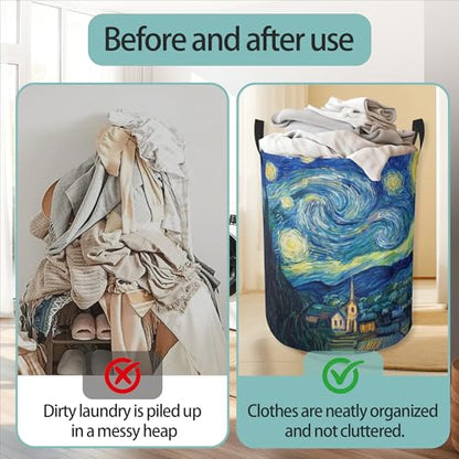 Starry Night Round Laundry Basket Collapsible Laundry Hamper with Handles Toys Clothes Organizer Bin For Home Bathroom Bedroom Dorm Nursery - color: Starry Night