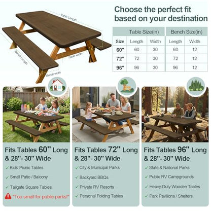 Play Tailor Picnic Table Cover with Bench Covers Camping Essentials Waterproof Windproof Camping Tablecloth with Drawstring Bag, Fitted Rectangle Tables and Seats, 72in, Dark Brown - color: Dark Brown, size: 72in