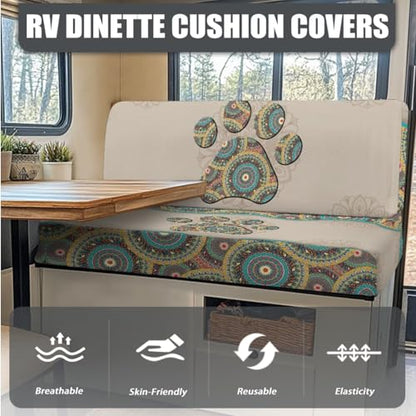 Boho Mandala Dog Paw Print 3 Pcs RV Dinette Cushion Covers Stretch Camper Cushion Slipcover Sofa Furniture Protector Include 1 Backrest Cover 1 Bench Cover and 1 Pillowcase - color: Boho Mandala Dog Paw