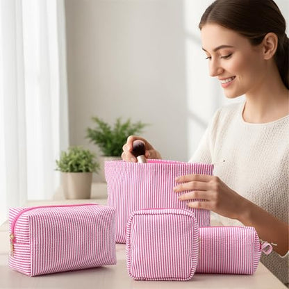 Sanwuta 4 Pcs Seersucker Pouch Cosmetic Bag Set Seersucker Makeup Bag Women Stripe Large Travel Toiletry Organizer Aesthetic Preppy Storage for Embroidery Women Bridesmaid Gifts(Pink) - color: Pink