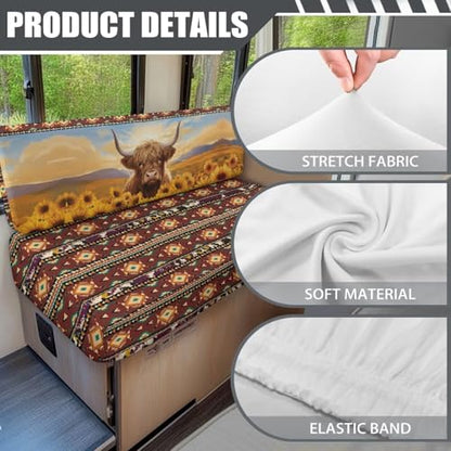 NDISTIN Aztec Highland Cow Sunflower 2Pcs Camper Couch Cushion Covers Dinette Rv Seat Covers Dinette Booth Cushions Comfortable Stretch Sofa Furniture Protector for Travel Trailer Couch - color: Aztec Highland Cow Sunflower
