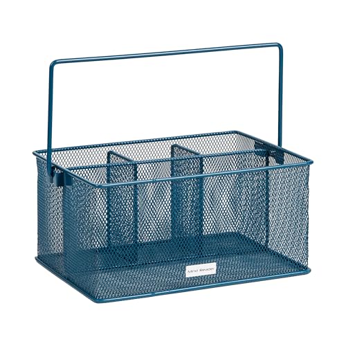 Mind Reader Multi-purpose Storage Caddy with Handle, Desktop Organizer, Cutlery Holder, 4 Compartments, Metal Mesh, Turquoise - color: Turquoise