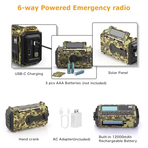 12000mAh/44400mWh Weather Radio, Hand Crank Emergency Radio Portable AM FM Shortwave, Solar Rechargeable Battery Powered Radio with NOAA Alert, USB-C Charger & Adapter, SOS Flashlight for Emergency - color: Camo Green