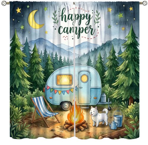 Watercolor Forest Happy Camp Curtain Rustic Tree Mountain Adventure Tent Camping Travel Trailer Printed Rod Pocket Window Drapes for Bedroom Living Room Decor 42" W X 45" L - color: Camping-23, size: 20.5"W x 45"L (Pack of 2)