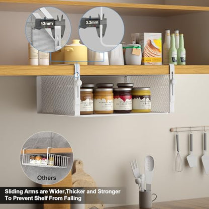 AmonHouseware 2Pack Under Shelf Basket Organizer,Adjustable Hanging Holder for Cabinet Pantry Kitchen Cupboard Desk Counter Bookshelf Organization Add-on Space Saver Heavy Duty Slide-in (White, Large) - color: White