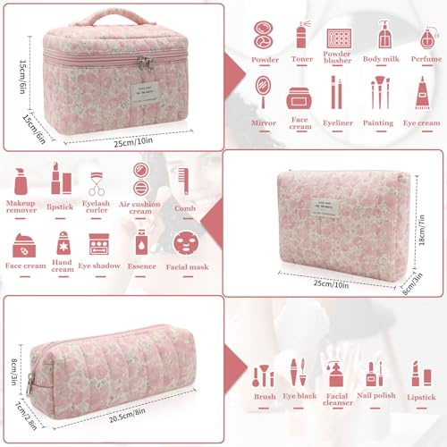 Gosect 3pc Makeup Bag Set, Quilted Makeup Bag Set, Large Floral Cosmetic Bag for Women, Cute Cotton Makeup Bags, Flower Travel Toiletry Organizer Bag (Pink Crushed flower) - color: Pink Crushed Flower