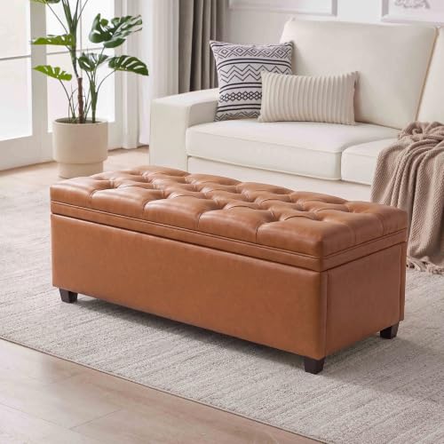 Mangodan 43" Storage Ottoman Bench, Tufted Ottoman with Storage for Living Room, Large End of Bed Ottomans, Modern Entryway Benchs, Window & Bedroom Benches for Foot of Bed (Faux Leather Brown) - color: Faux Leather Brown