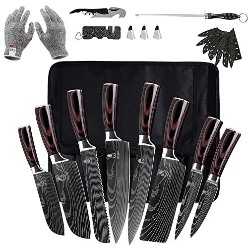 FULLHI Knife Set, 14pcs Japanese Knives Set, Premium German Stainless Steel chef Knife Set - color: Coffee wood, size: 14 Piece Knife Set