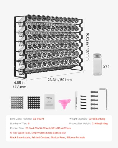 VEVOR Spice Rack Organizer for Cabinet, Spice Organizer with 72 Empty Spice Jars, Lids, Spice Labels, and Funnel Complete Set, Seasoning Organizer for Countertop, Kitchen, Pantry, Cupboard, 23x16 in - size: 23x16 in