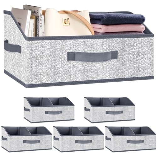 Closet Storage Bins 6 Pack, Large Closet Organizer Baskets with Divider & Handles,Trapezoid Fabric Shelf Organizers, Collapsible Storage Cubes for Clothes, Towels, Toys-Gray - color: Grey
