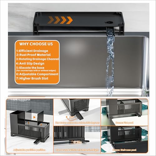 Rustproof Kitchen Sink Organizer for Countertop,Multifunctional Sink Organizer Caddy & Organization,Scrub Brush and Sponge Holder,Plastic Sink Storage Rack,Sponge Drain Rack,Dish Soap Dispenser,Black - style: Countertop
